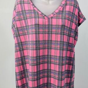 Pink Plaid V-Neck Short Sleeve Top Size Large Soft Stretch Casual